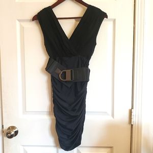 NWOT - Bebe Elegant Bodycon Dress, Black, V Neck, Black belt, XXS